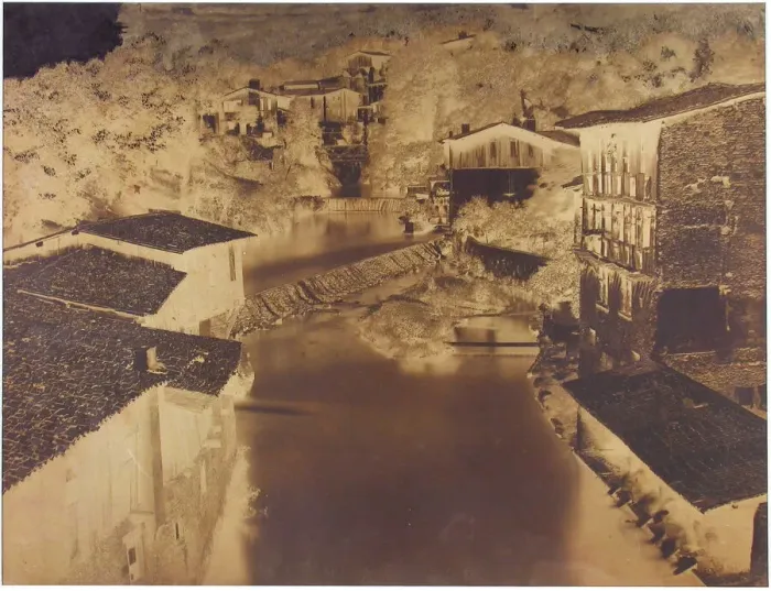 Framed Print : Untitled [houses by a river, possibly Italy or France], 1854. Creator: Edouard Baldus