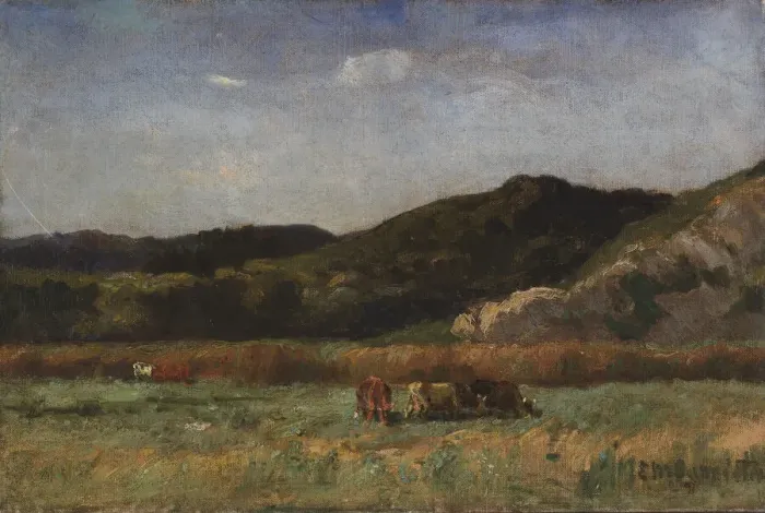 Framed Print : Untitled (landscape with cows grazing, hills), 1891. Creator: Edward Mitchell Bannister