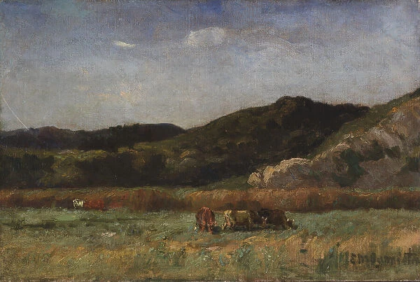 Untitled (landscape with cows grazing, hills), 1891. Creator: Edward Mitchell Bannister