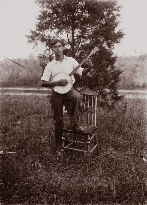 Framed Print : Untitled (man with banjo, neg, #1), c1931, printed c1975. Creator: Wendell Hotter Framed Print : Untitled (man with banjo, neg, #1), c1931, printed c1975. Creator: Wendell Hotter