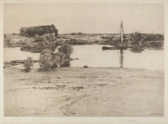 Framed Print : Untitled (River Scene with Boat), 1891. Creator: Charles A Platt Framed Print : Untitled (River Scene with Boat), 1891. Creator: Charles A Platt