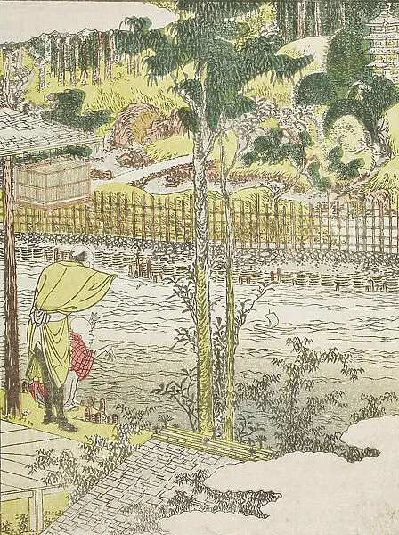 Untitled, river and temple, c1802. Creator: Hokusai