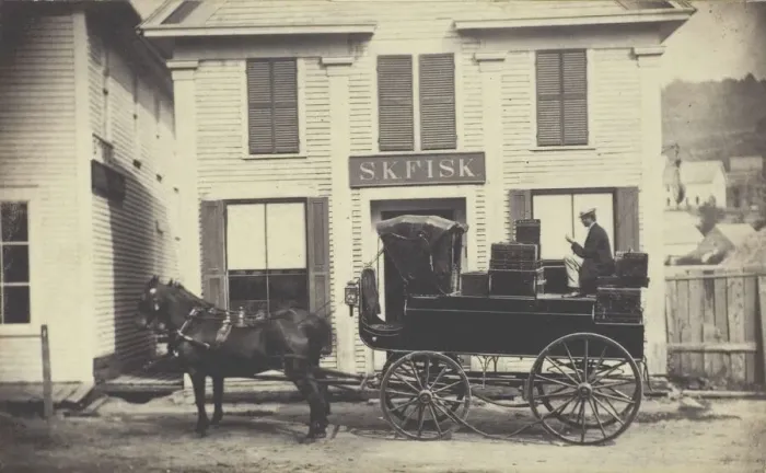 Framed Print : Untitled (S. K. Fisk store with delivery wagon), 1840-1900. Creator: Unknown Framed Print : Untitled (S. K. Fisk store with delivery wagon), 1840-1900. Creator: Unknown