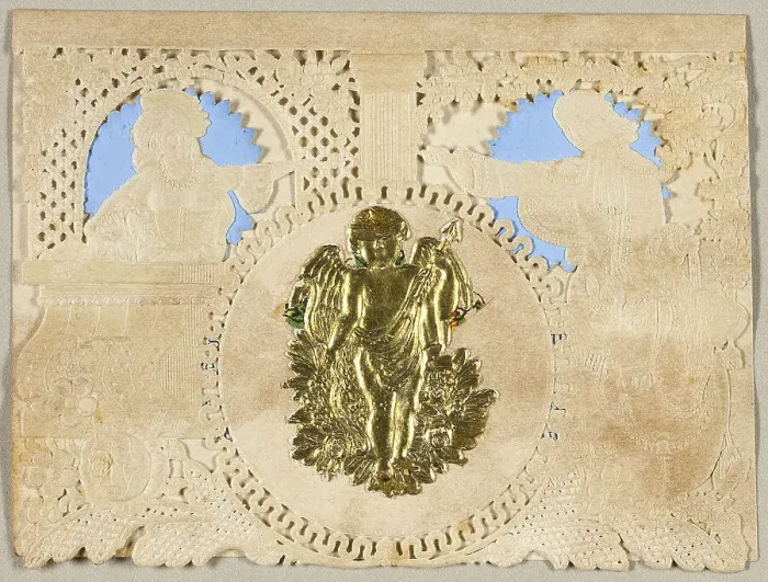 Framed Print : Untitled Valentine (Gold Cupid), c.1850. Creator: Unknown Framed Print : Untitled Valentine (Gold Cupid), c.1850. Creator: Unknown