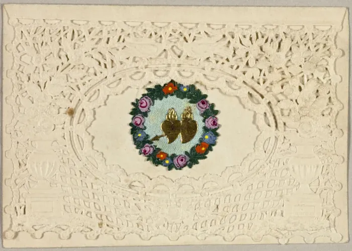 Framed Print : Untitled Valentine (Hearts on Fire), c. 1840. Creator: George Meek Framed Print : Untitled Valentine (Hearts on Fire), c. 1840. Creator: George Meek