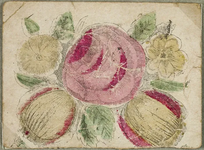 Framed Print : Untitled Valentine (Pink and Yellow Flowers), c.1830. Creator: Unknown Framed Print : Untitled Valentine (Pink and Yellow Flowers), c.1830. Creator: Unknown