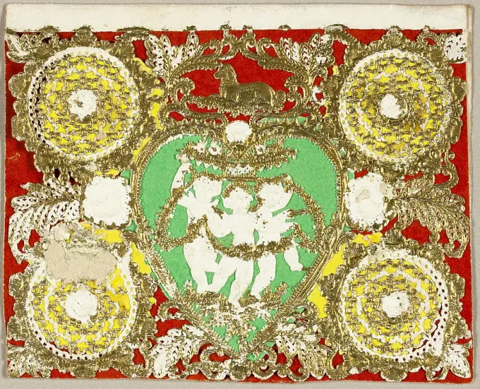 Framed Print : Untitled Valentine (Three Putti in Green Heart), 1860 / 69. Creator: Unknown Framed Print : Untitled Valentine (Three Putti in Green Heart), 1860 / 69. Creator: Unknown