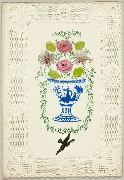 Framed Print : Untitled Valentine (Vase of Flowers with Bird), c. 1840. Creator: George Kershaw Framed Print : Untitled Valentine (Vase of Flowers with Bird), c. 1840. Creator: George Kershaw