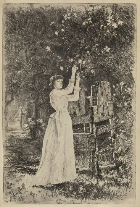 Framed Print : Untitled (Woman Picking Blossoms), c. 1890. Creator: Charles Yardley Turner Framed Print : Untitled (Woman Picking Blossoms), c. 1890. Creator: Charles Yardley Turner