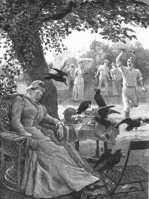 Framed Print : Unwelcome Visitors - Crows at a Tennis Party in India, 1891. Creator: R Barnes Framed Print : Unwelcome Visitors - Crows at a Tennis Party in India, 1891. Creator: R Barnes
