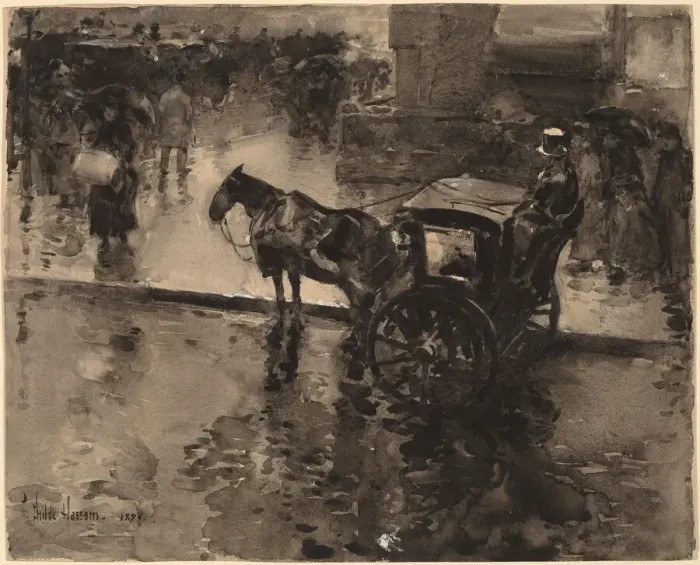 Framed Print : The Up-Tide on the Avenue, probably 1890. Creator: Frederick Childe Hassam Framed Print : The Up-Tide on the Avenue, probably 1890. Creator: Frederick Childe Hassam