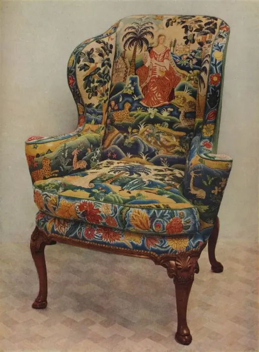Framed Print : An upholstered armchair with wings, carved walnut frame and original silk needlework covering, c17 Framed Print : An upholstered armchair with wings, carved walnut frame and original silk needlework covering, c17