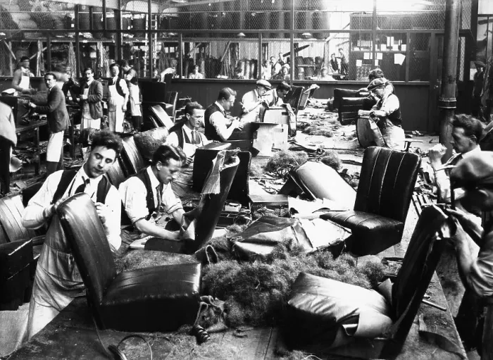 Framed Print : Upholstery department, Morris factory, mid 1920s Framed Print : Upholstery department, Morris factory, mid 1920s