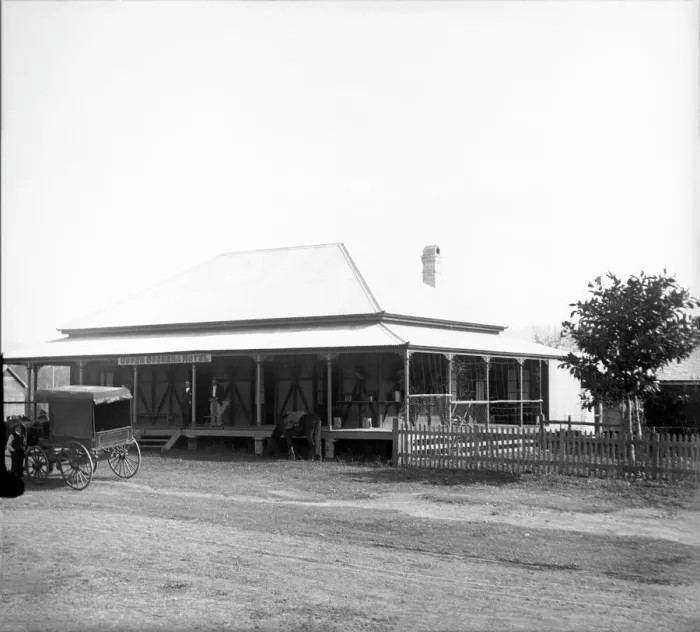 Framed Print : Upper Coomera Hotel - horse drawn wagon in front of hotel, 1888. Creator: Robert Augustus Henry L'Estrange. Upper Coomera Hotel - horse drawn wagon in front of hotel, 1888 Framed Print : Upper Coomera Hotel - horse drawn wagon in front of hotel, 1888. Creator: Robert Augustus Henry L'Estrange. Upper Coomera Hotel - horse drawn wagon in front of hotel, 1888
