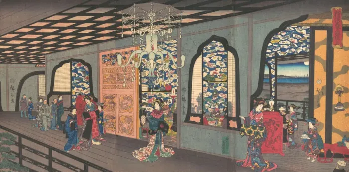 Framed Print : Upper Floor of the Gankiro Tea House in Yokohama, 4th month, 1860. Creator: Utagawa Hiroshige II Framed Print : Upper Floor of the Gankiro Tea House in Yokohama, 4th month, 1860. Creator: Utagawa Hiroshige II
