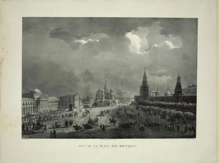 Framed Print : Upper Trading Rows at the Red Square in Moscow, c. 1830. Artist: Cadolle, Auguste Jean Baptiste Antoine (1782-1849) Framed Print : Upper Trading Rows at the Red Square in Moscow, c. 1830. Artist: Cadolle, Auguste Jean Baptiste Antoine (1782-1849)