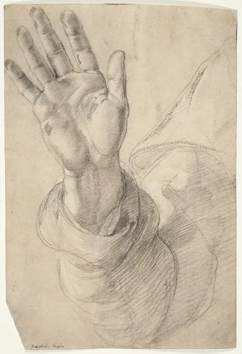 Framed Print : Upraised Right Hand, with Palm Facing Outward: Study for Saint Peter, 1518 / 20. Creator: Raphael Framed Print : Upraised Right Hand, with Palm Facing Outward: Study for Saint Peter, 1518 / 20. Creator: Raphael