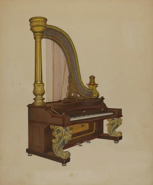 Framed Print : Upright Harp / Piano, c. 1937. Creator: William High Framed Print : Upright Harp / Piano, c. 1937. Creator: William High