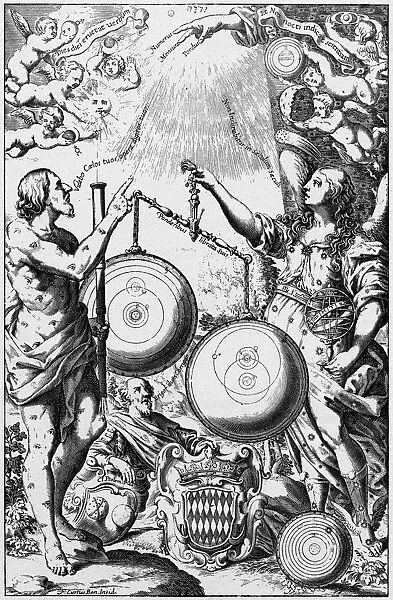Urania, the Muse of Astronomy, weighing and comparing systems of the universe, 1651