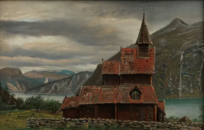 Framed Print : Urnes Stave Church in Sogn, 1832. Creator: Knud Baade Framed Print : Urnes Stave Church in Sogn, 1832. Creator: Knud Baade