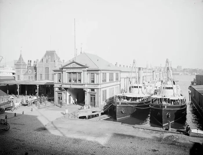 Framed Print : U.S. Government Dock and Wall Street Ferry, New York, between 1900 and 1905. Creator: Unknown Framed Print : U.S. Government Dock and Wall Street Ferry, New York, between 1900 and 1905. Creator: Unknown