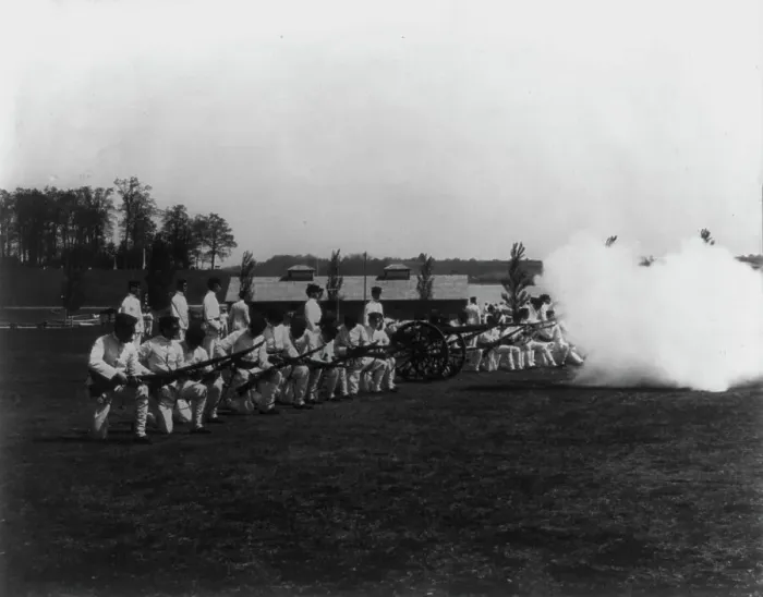 Framed Print : U.S. Naval Academy, Annapolis: artillery drill, (1902?). Creator: Frances Benjamin Johnston Framed Print : U.S. Naval Academy, Annapolis: artillery drill, (1902?). Creator: Frances Benjamin Johnston