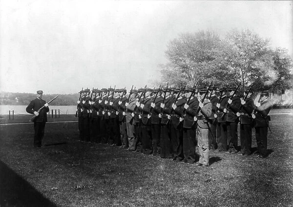 U.S. Naval Academy, Annapolis: the awkward squad, cadets just entering, (1902?). Creator: Frances Benjamin Johnston