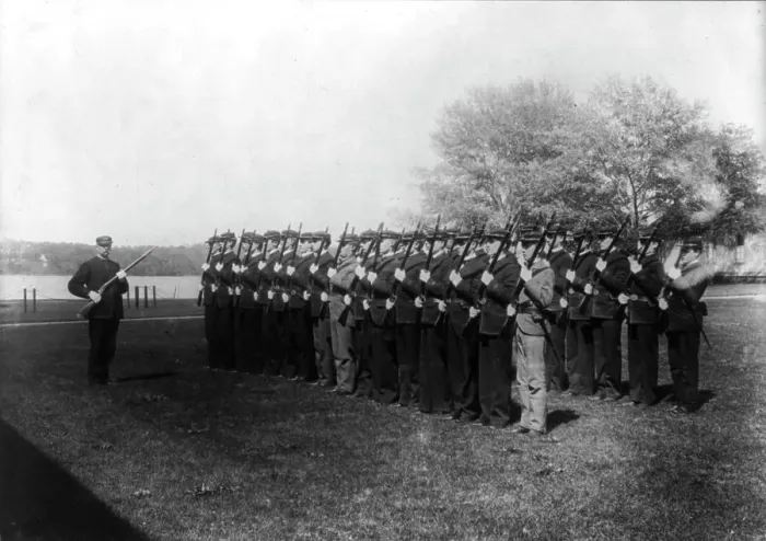 Framed Print : U.S. Naval Academy, Annapolis: the awkward squad, cadets just entering, (1902?). Creator: Frances Benjamin Johnston Framed Print : U.S. Naval Academy, Annapolis: the awkward squad, cadets just entering, (1902?). Creator: Frances Benjamin Johnston