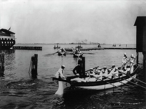 U.S. Naval Academy, Annapolis: cutter drill, under oars, (1902?). Creator: Frances Benjamin Johnston