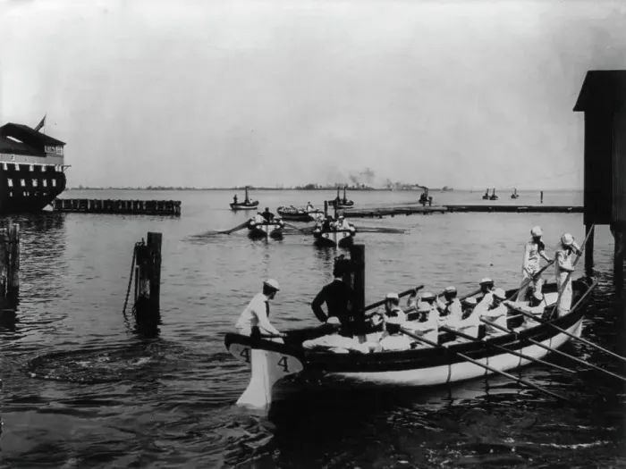 Framed Print : U.S. Naval Academy, Annapolis: cutter drill, under oars, (1902?). Creator: Frances Benjamin Johnston Framed Print : U.S. Naval Academy, Annapolis: cutter drill, under oars, (1902?). Creator: Frances Benjamin Johnston