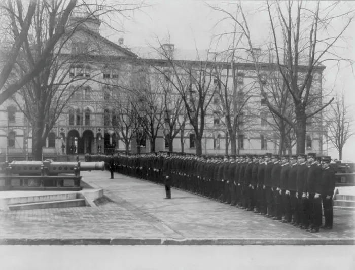 Framed Print : U.S. Naval Academy, Annapolis Md.: cadets lined up in row leading to building, (1902?). Creator: Frances Benjamin Johnston Framed Print : U.S. Naval Academy, Annapolis Md.: cadets lined up in row leading to building, (1902?). Creator: Frances Benjamin Johnston