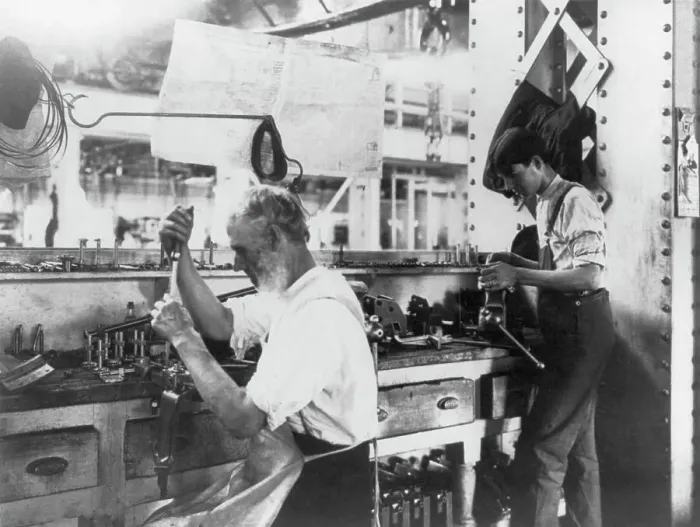 Framed Print : U.S. Naval Gun Factory. Wash. D.C. 2 men working at bench, 1903. Creator: Frances Benjamin Johnston Framed Print : U.S. Naval Gun Factory. Wash. D.C. 2 men working at bench, 1903. Creator: Frances Benjamin Johnston