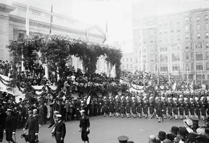Framed Print : U.S. Sailors in Columbus Day Parade, between c1910 and c1915. Creator: Bain News Service Framed Print : U.S. Sailors in Columbus Day Parade, between c1910 and c1915. Creator: Bain News Service