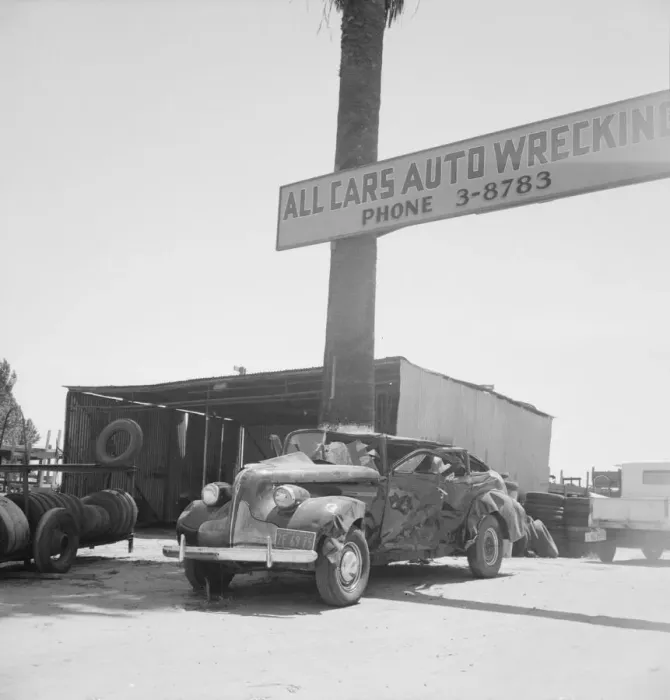 Framed Print : Used car lots and auto wrecking establishments, U. S. 99, Near Tulare, California, 1939. Creator: Dorothea Lange Framed Print : Used car lots and auto wrecking establishments, U. S. 99, Near Tulare, California, 1939. Creator: Dorothea Lange