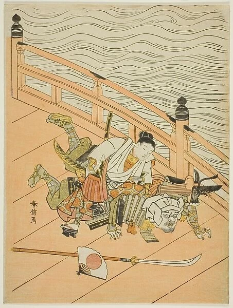 Ushiwakamaru and Benkei fighting on Gojo Bridge, c. 1767. Creator: Suzuki Harunobu