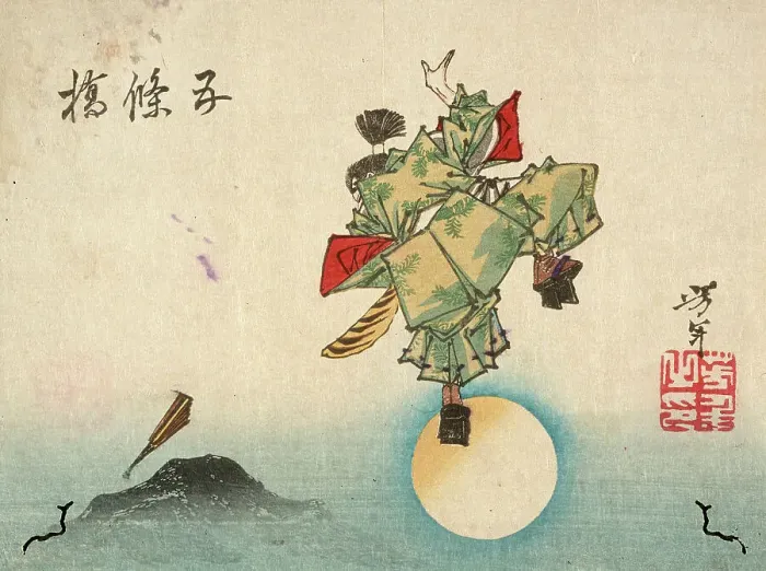 Framed Print : Ushiwakamaru at Gojo Bridge, 1882. Creator: Tsukioka Yoshitoshi Framed Print : Ushiwakamaru at Gojo Bridge, 1882. Creator: Tsukioka Yoshitoshi