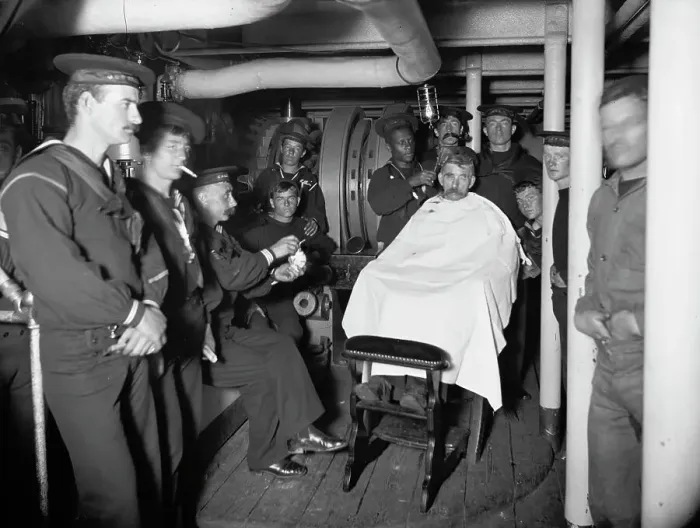 Framed Print : U.S.S. Brooklyn, barber shop, between 1896 and 1901. Creator: Unknown Framed Print : U.S.S. Brooklyn, barber shop, between 1896 and 1901. Creator: Unknown