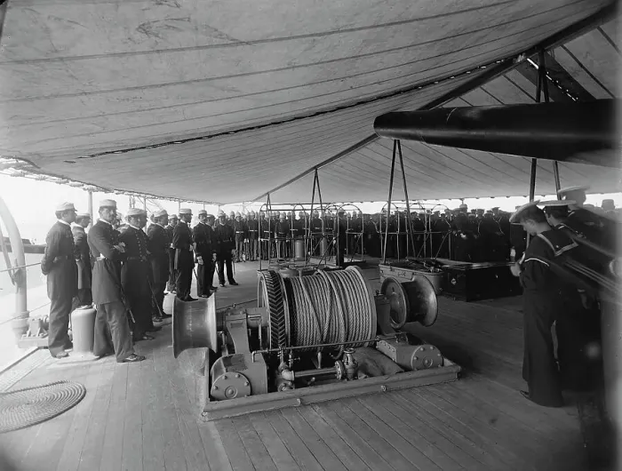 Framed Print : U.S.S. Brooklyn, general muster, between 1896 and 1899. Creator: Unknown Framed Print : U.S.S. Brooklyn, general muster, between 1896 and 1899. Creator: Unknown