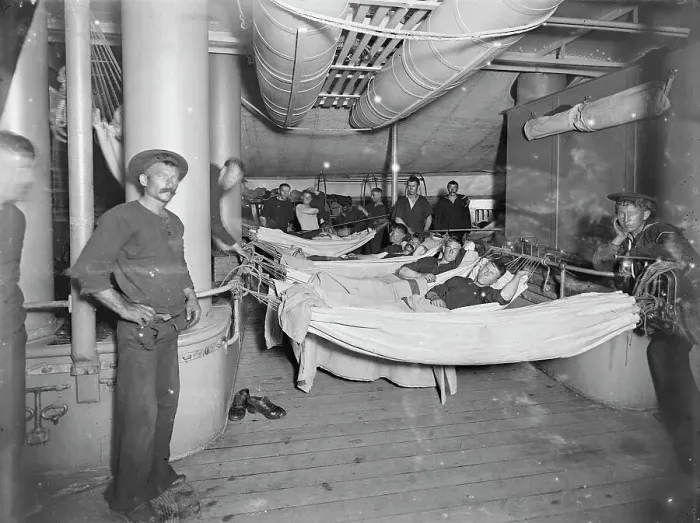 Framed Print : U.S.S. Brooklyn, hammocks on deck, between 1896 and 1899. Creator: Unknown Framed Print : U.S.S. Brooklyn, hammocks on deck, between 1896 and 1899. Creator: Unknown