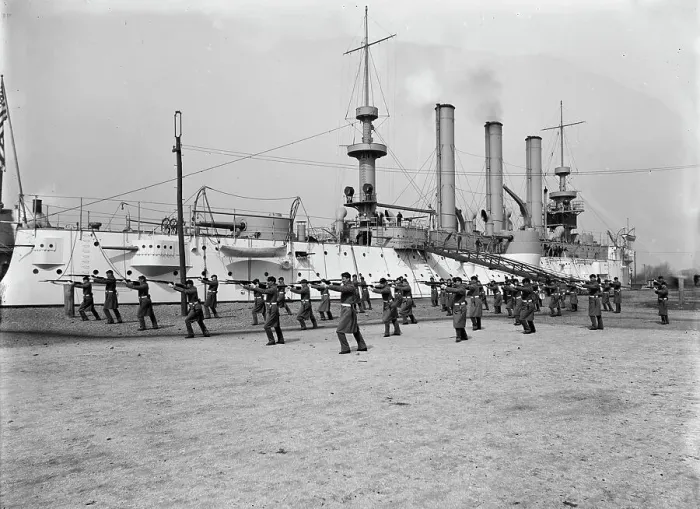 Framed Print : U.S.S. Brooklyn, Marine guard bayonet drill, (1897?). Creator: Unknown Framed Print : U.S.S. Brooklyn, Marine guard bayonet drill, (1897?). Creator: Unknown