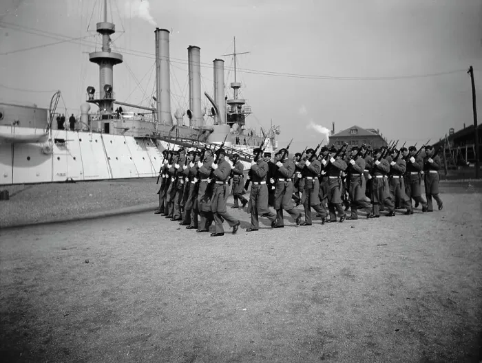 Framed Print : U.S.S. Brooklyn, Marine guard company drill, (1897?). Creator: Unknown Framed Print : U.S.S. Brooklyn, Marine guard company drill, (1897?). Creator: Unknown