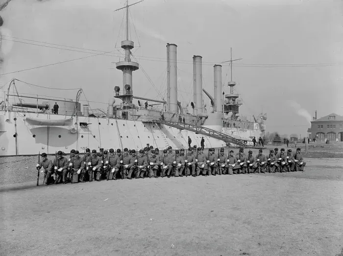 Framed Print : U.S.S. Brooklyn, Marine guard company drill, (1897?). Creator: Unknown Framed Print : U.S.S. Brooklyn, Marine guard company drill, (1897?). Creator: Unknown