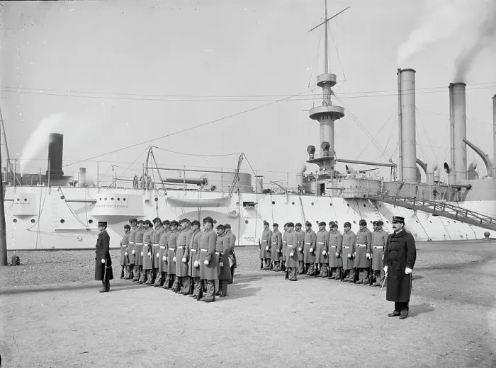 Framed Print : U.S.S. Brooklyn, Marine guard, company drill by sections, between 1896 and 1901. Creator: Edward H Hart Framed Print : U.S.S. Brooklyn, Marine guard, company drill by sections, between 1896 and 1901. Creator: Edward H Hart