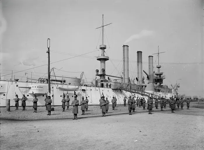 Framed Print : U.S.S. Brooklyn, Marine guard signal drill, (1897?). Creator: Unknown Framed Print : U.S.S. Brooklyn, Marine guard signal drill, (1897?). Creator: Unknown