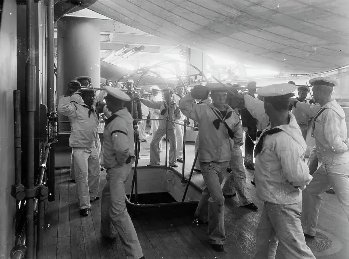 Framed Print : U.S.S. Brooklyn, single stick exercise, between 1896 and 1899. Creator: Unknown Framed Print : U.S.S. Brooklyn, single stick exercise, between 1896 and 1899. Creator: Unknown