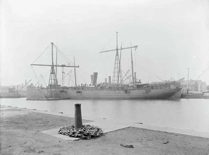 Framed Print : U.S.S. Buffalo, at Brooklyn Navy Yard, between 1898 and 1901. Creator: Unknown