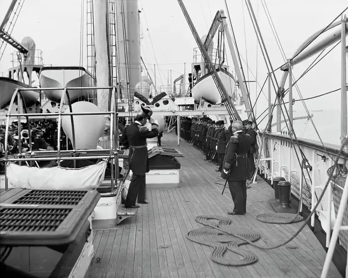 Framed Print : U.S.S. Chicago, Admiral Schley coming on board, 1899. Creator: Unknown Framed Print : U.S.S. Chicago, Admiral Schley coming on board, 1899. Creator: Unknown