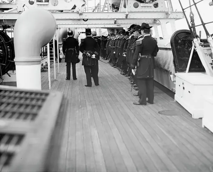Framed Print : U.S.S. Chicago, receiving Admiral Schley, 1899. Creator: Unknown Framed Print : U.S.S. Chicago, receiving Admiral Schley, 1899. Creator: Unknown