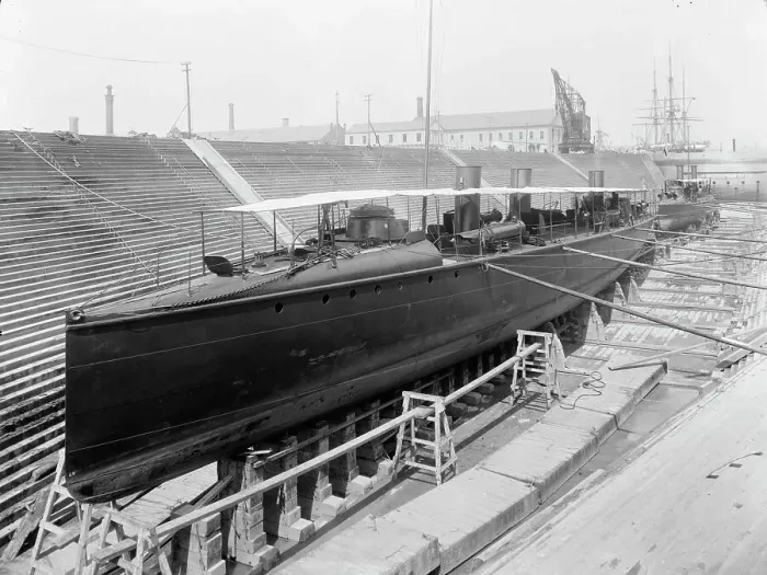 Framed Print : U.S.S. Ericsson in dry dock, Brooklyn Navy Yard, between 1897 and 1901. Creator: Unknown Framed Print : U.S.S. Ericsson in dry dock, Brooklyn Navy Yard, between 1897 and 1901. Creator: Unknown