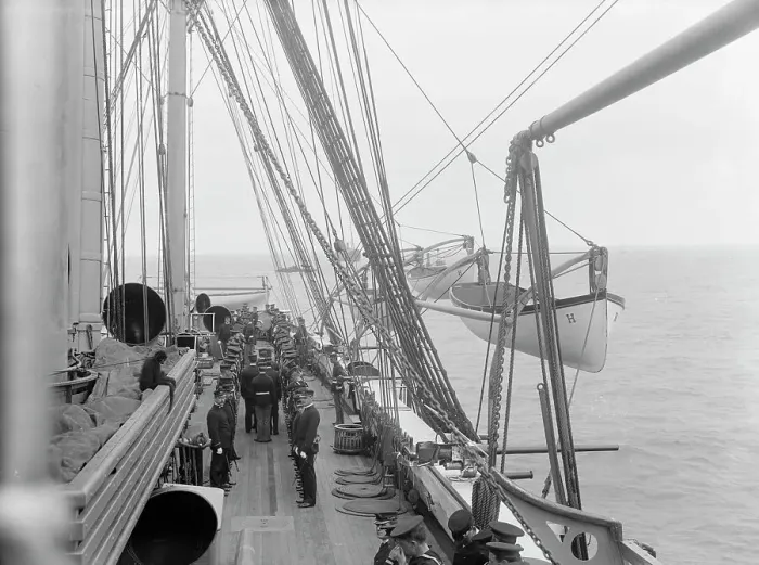 Framed Print : U.S.S. Hartford, inspection, looking aft. port side, between 1890 and 1901. Creator: Unknown